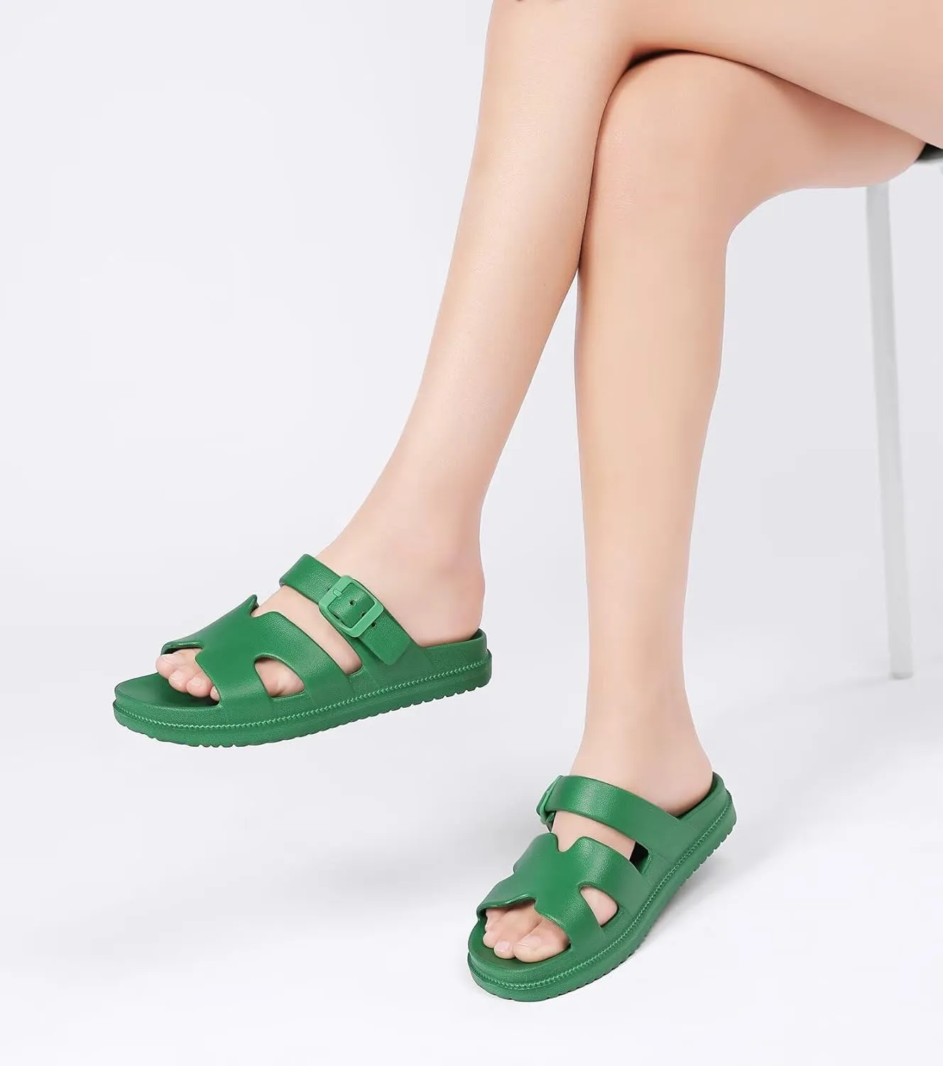 Women's Flat Sandals with Arch Support, Summer Beach Slides Adjustable Buckle, Comfort Lightweight Cushion Slip on H-Strap Sandal