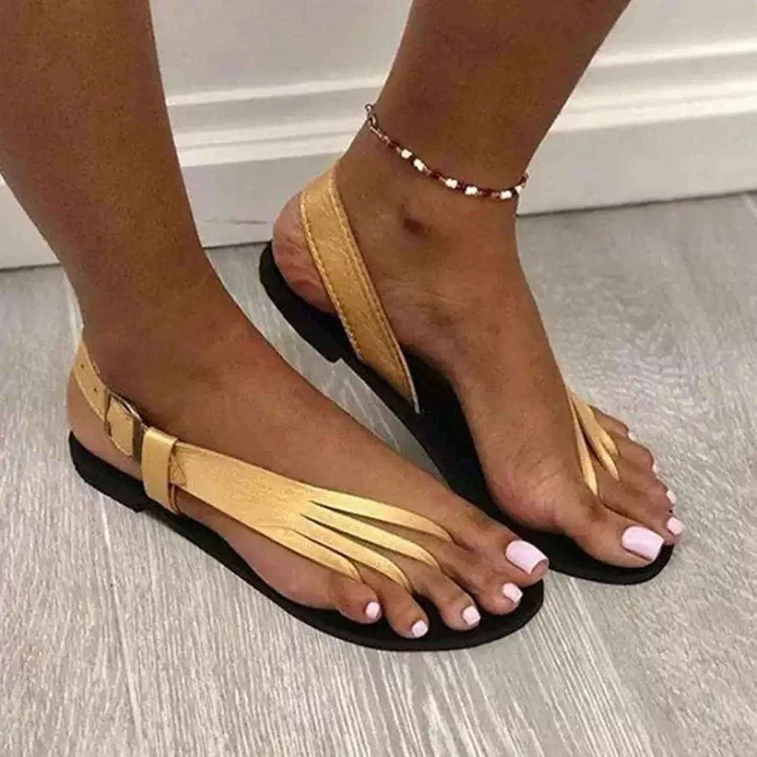 Women's Flats Sandals Bohemian Elastic Ankle Strap Lightweight Open Toe Summer with Arch Support Shoes