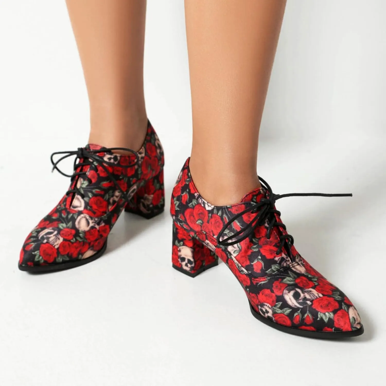 Women's Floral Pattern Lace Up Oxfords Pointed Closed Toe Chunky High Heel Brogues Pumps Fashion Roses Skull Print Evening Party Prom Dress Shoes