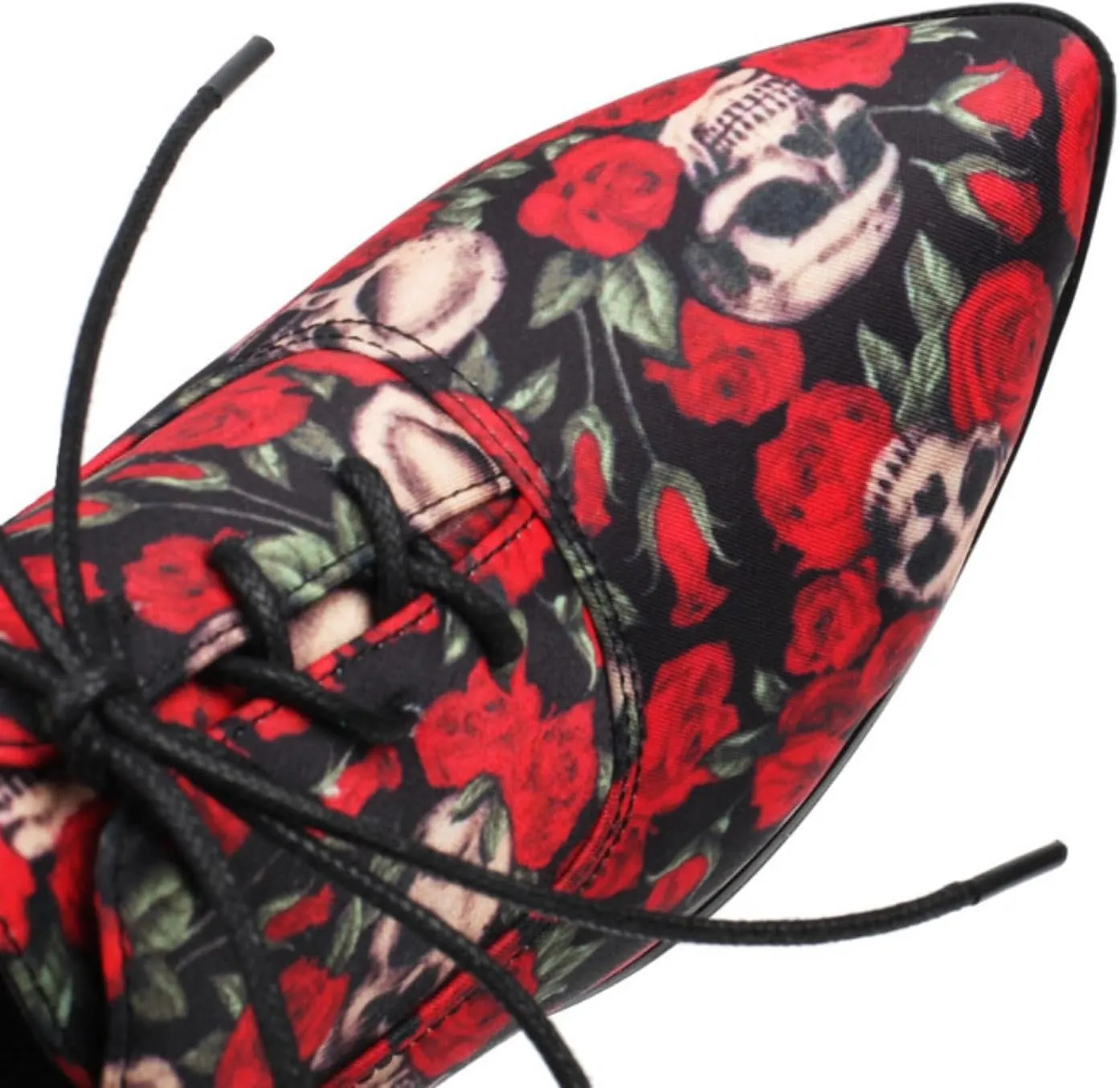 Women's Floral Pattern Lace Up Oxfords Pointed Closed Toe Chunky High Heel Brogues Pumps Fashion Roses Skull Print Evening Party Prom Dress Shoes