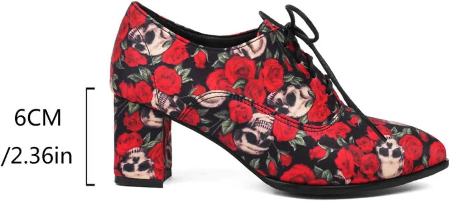 Women's Floral Pattern Lace Up Oxfords Pointed Closed Toe Chunky High Heel Brogues Pumps Fashion Roses Skull Print Evening Party Prom Dress Shoes