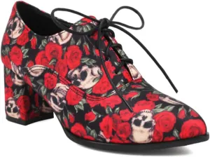 Women's Floral Pattern Lace Up Oxfords Pointed Closed Toe Chunky High Heel Brogues Pumps Fashion Roses Skull Print Evening Party Prom Dress Shoes