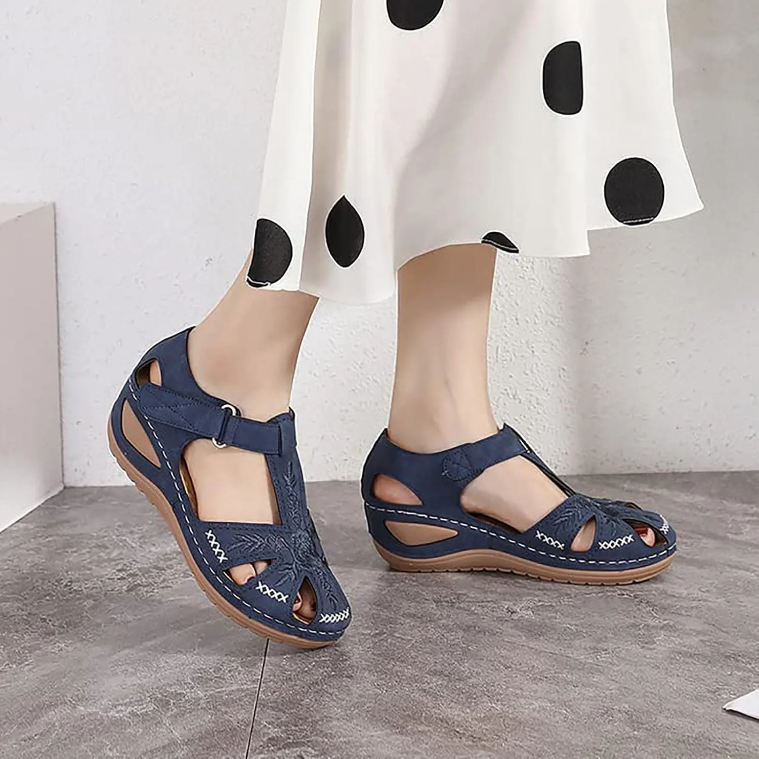 Womens Flower Embroidery Wedge Sandals Dressy Summer Comfort Closed Toe Hollow Hook&Loop Soft Sole Sandals Casual Indoor Outdoor Everyday Shoes