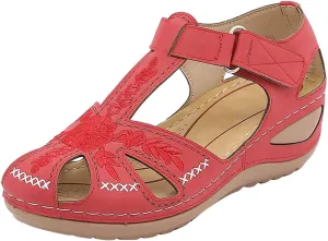 Womens Flower Embroidery Wedge Sandals Dressy Summer Comfort Closed Toe Hollow Hook&Loop Soft Sole Sandals Casual Indoor Outdoor Everyday Shoes