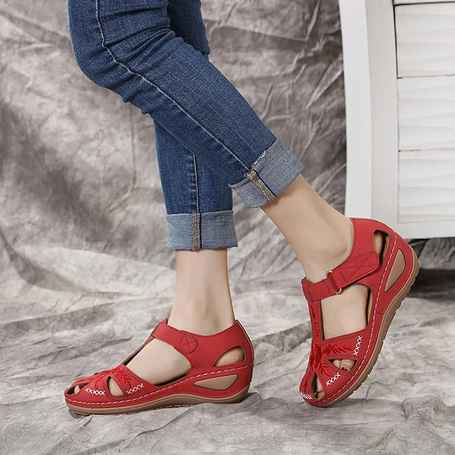 Womens Flower Embroidery Wedge Sandals Dressy Summer Comfort Closed Toe Hollow Hook&Loop Soft Sole Sandals Casual Indoor Outdoor Everyday Shoes