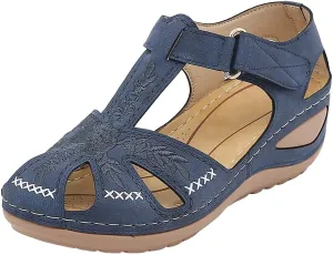 Womens Flower Embroidery Wedge Sandals Dressy Summer Comfort Closed Toe Hollow Hook&Loop Soft Sole Sandals Casual Indoor Outdoor Everyday Shoes