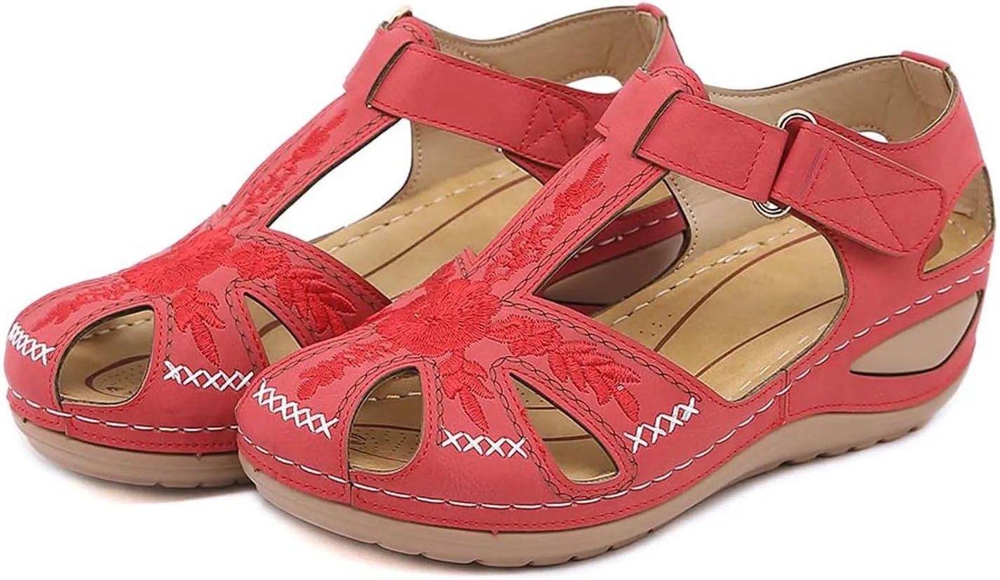 Womens Flower Embroidery Wedge Sandals Dressy Summer Comfort Closed Toe Hollow Hook&Loop Soft Sole Sandals Casual Indoor Outdoor Everyday Shoes
