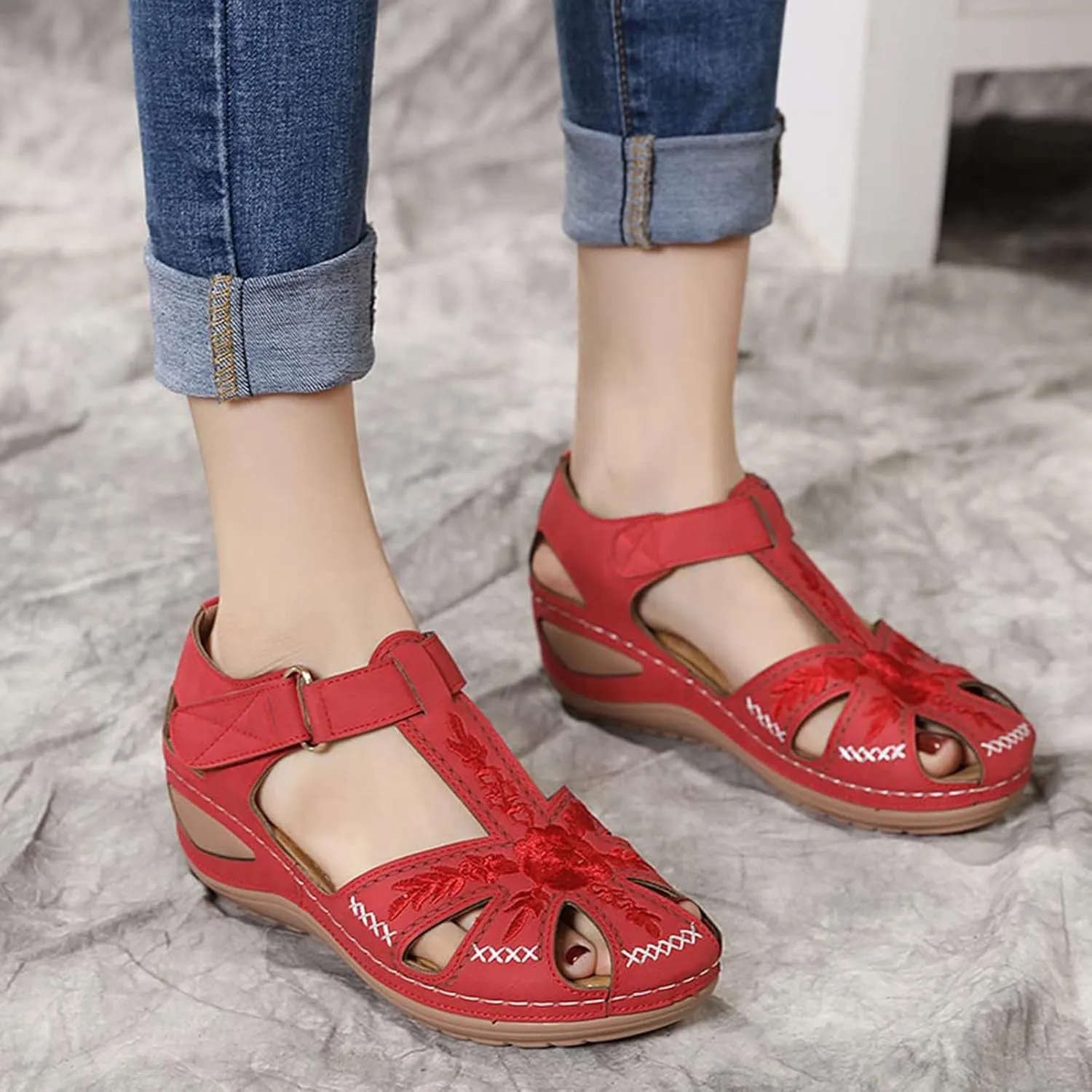 Womens Flower Embroidery Wedge Sandals Dressy Summer Comfort Closed Toe Hollow Hook&Loop Soft Sole Sandals Casual Indoor Outdoor Everyday Shoes