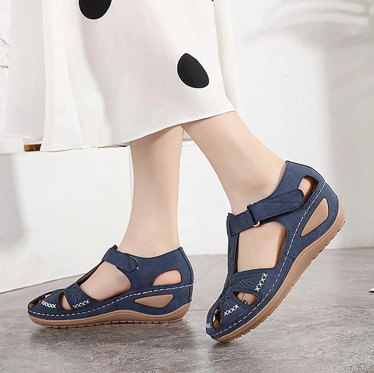 Womens Flower Embroidery Wedge Sandals Dressy Summer Comfort Closed Toe Hollow Hook&Loop Soft Sole Sandals Casual Indoor Outdoor Everyday Shoes