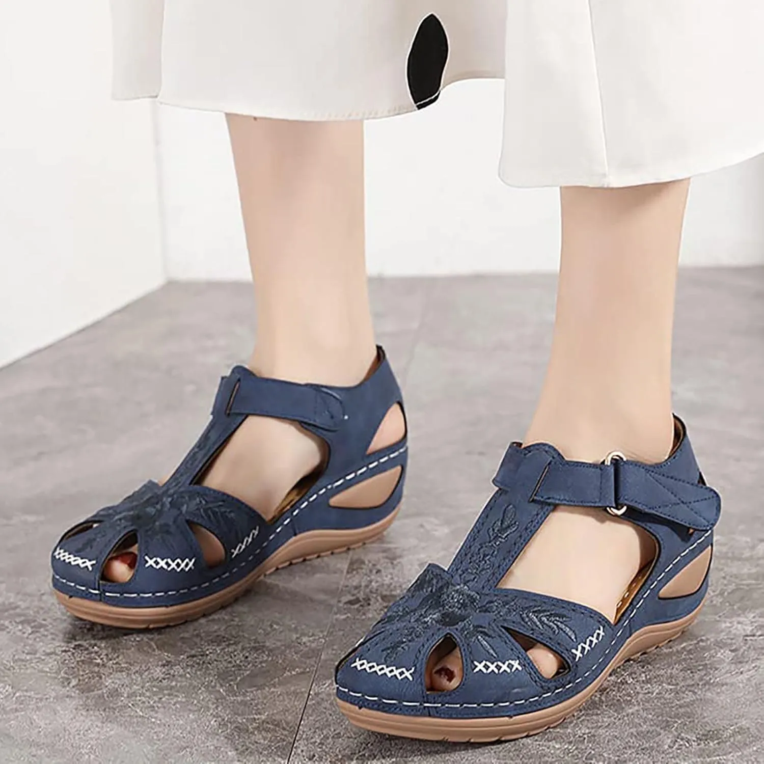 Womens Flower Embroidery Wedge Sandals Dressy Summer Comfort Closed Toe Hollow Hook&Loop Soft Sole Sandals Casual Indoor Outdoor Everyday Shoes