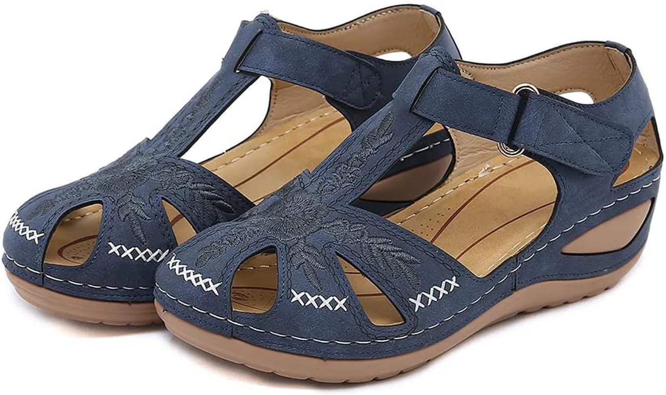 Womens Flower Embroidery Wedge Sandals Dressy Summer Comfort Closed Toe Hollow Hook&Loop Soft Sole Sandals Casual Indoor Outdoor Everyday Shoes