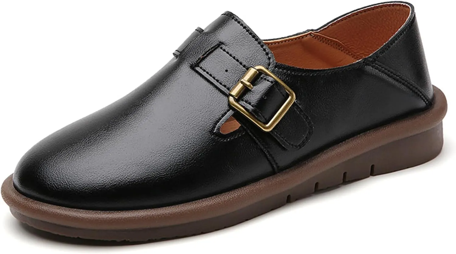 Women's Genuine Leather Monk Strap Slip on Loafers Comfortable Round Toe Non-Slip Soft Bottom Driving Work Flats Lightweight Mom Nurse Casual Walking Shoes