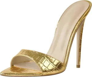Women's Gold Peep Toe Mules, Thin High Slip-On Classic Sandals