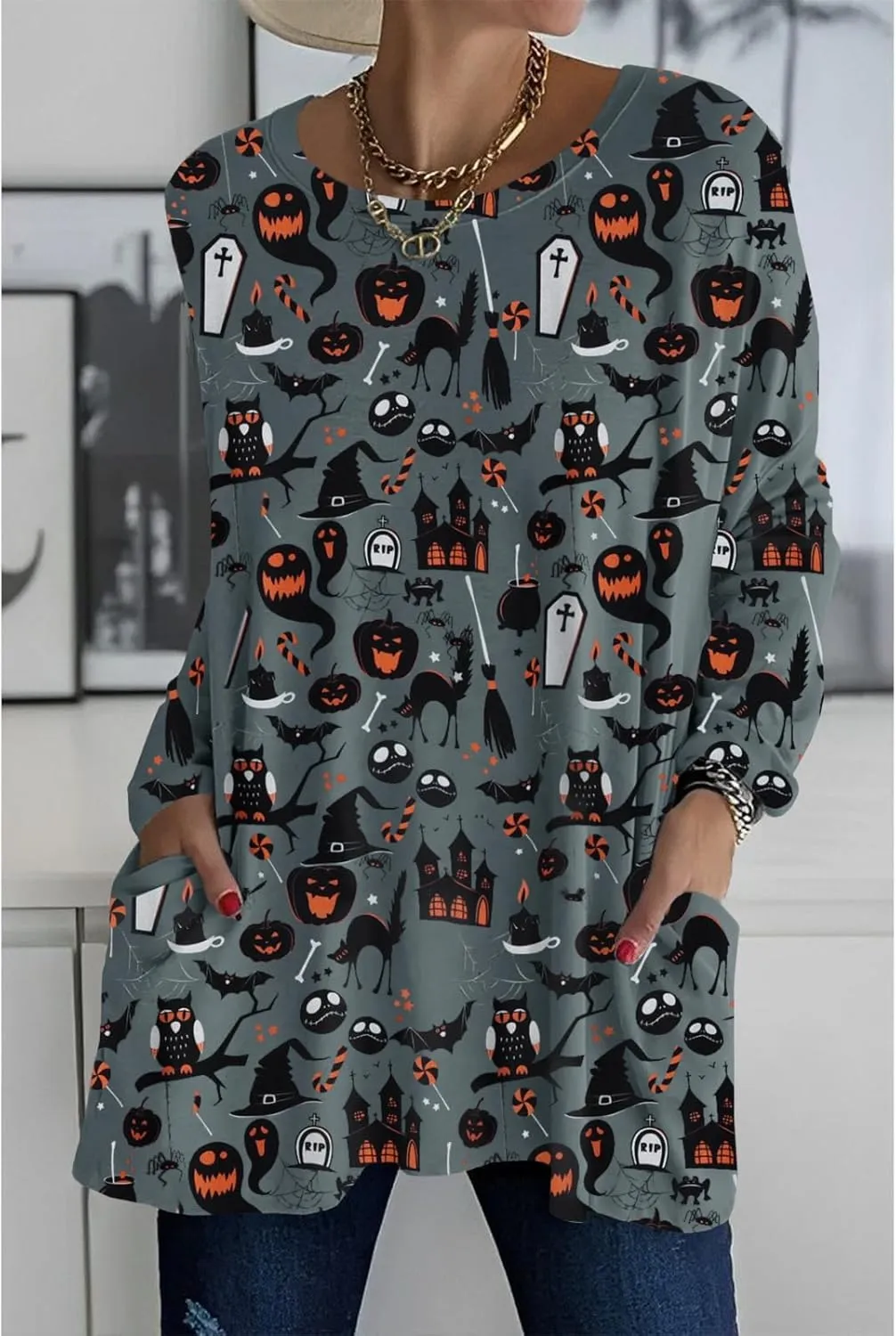 Womens Halloween Crewneck Sweatshirts Pumpkin Long Sleeve Pullover Tops Vintage Oversized Shirt Blouse Clothes