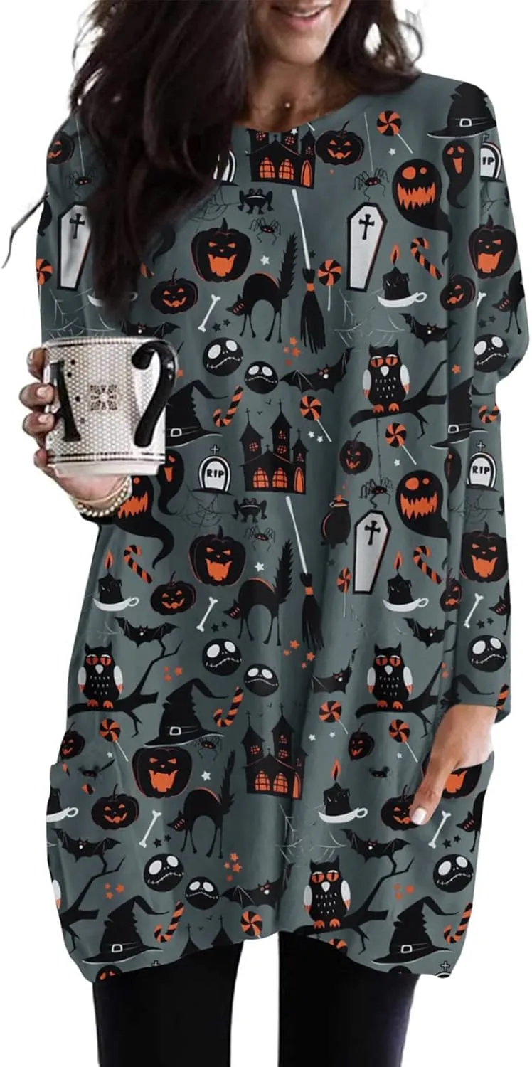 Womens Halloween Crewneck Sweatshirts Pumpkin Long Sleeve Pullover Tops Vintage Oversized Shirt Blouse Clothes