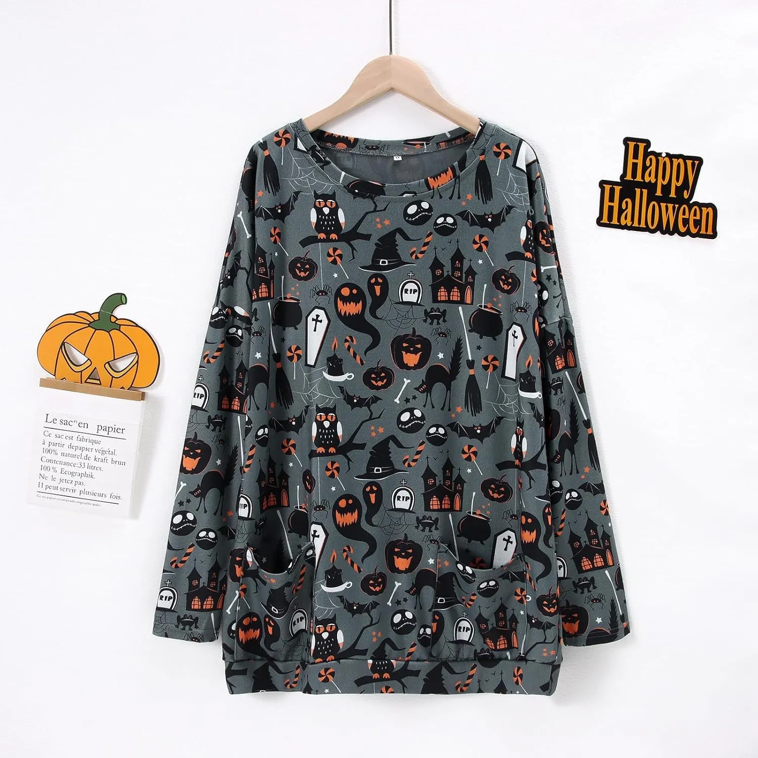 Womens Halloween Crewneck Sweatshirts Pumpkin Long Sleeve Pullover Tops Vintage Oversized Shirt Blouse Clothes