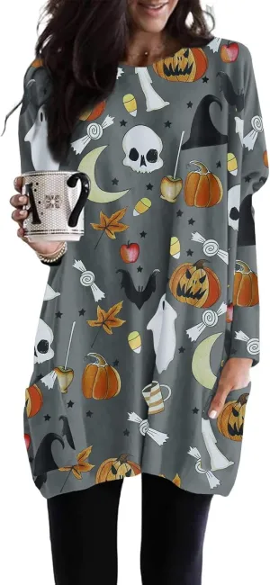 Womens Halloween Crewneck Sweatshirts Pumpkin Long Sleeve Pullover Tops Vintage Oversized Shirt Blouse Clothes