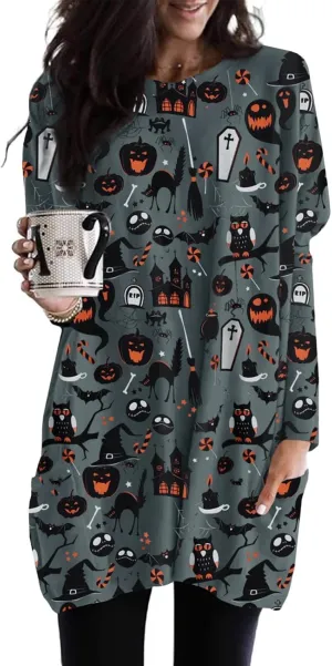 Womens Halloween Crewneck Sweatshirts Pumpkin Long Sleeve Pullover Tops Vintage Oversized Shirt Blouse Clothes
