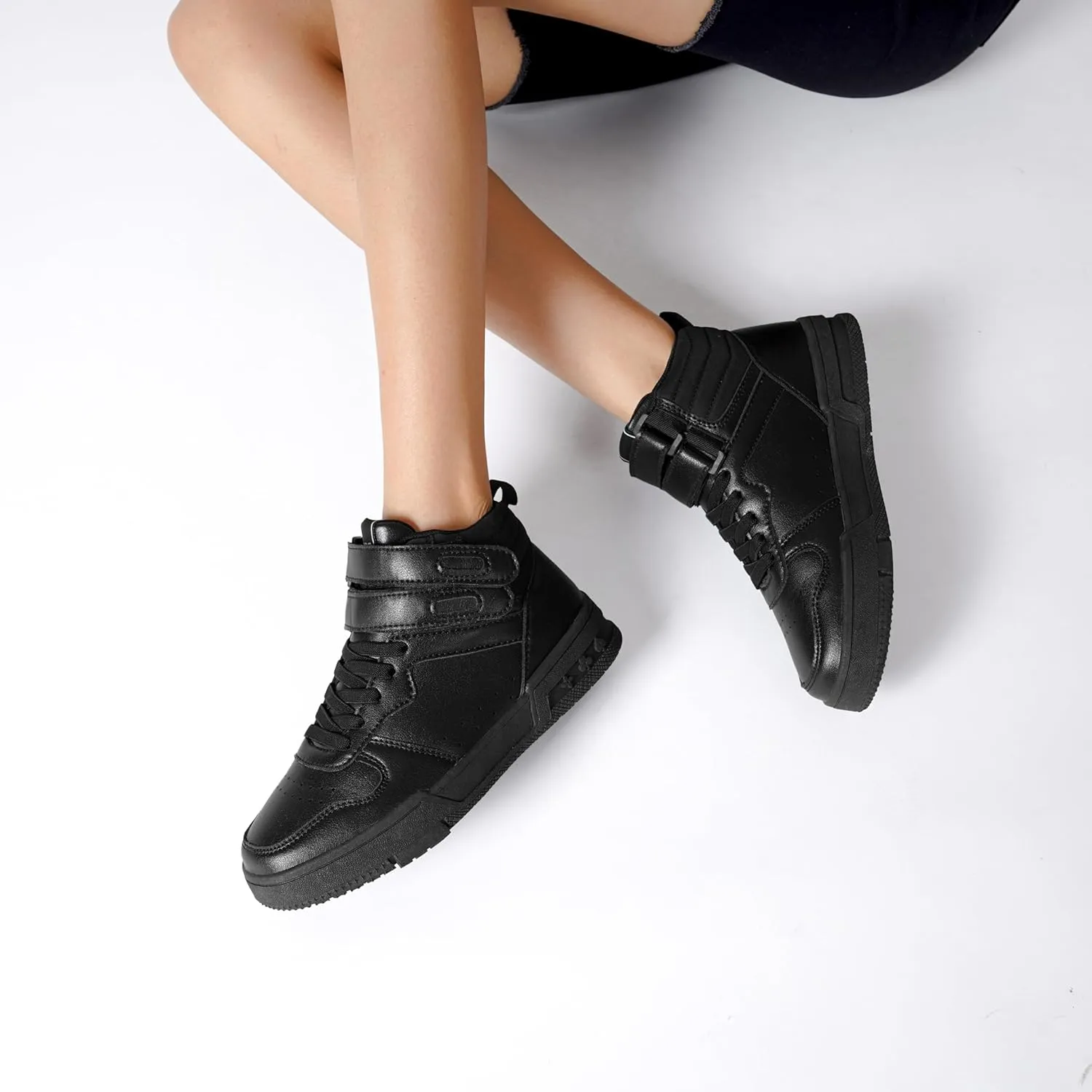 Women's High Top Fashion Basketball Ankle Boots Walking Tennis Shoes Platform Hook and Loop Casual Faux Leather Hidden Heels Sneaker