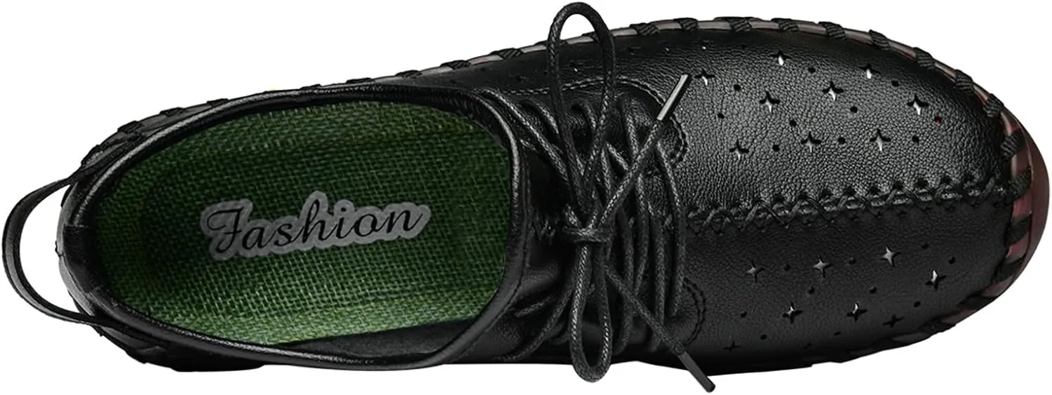 Women'S Hollow Leather Lace Up Flat Loafers,Lightweight Breathable Casual Comfort Non-Slip Walking Shoes Handmade Beef Tendon Soft Sole Mom Nurse Shoes