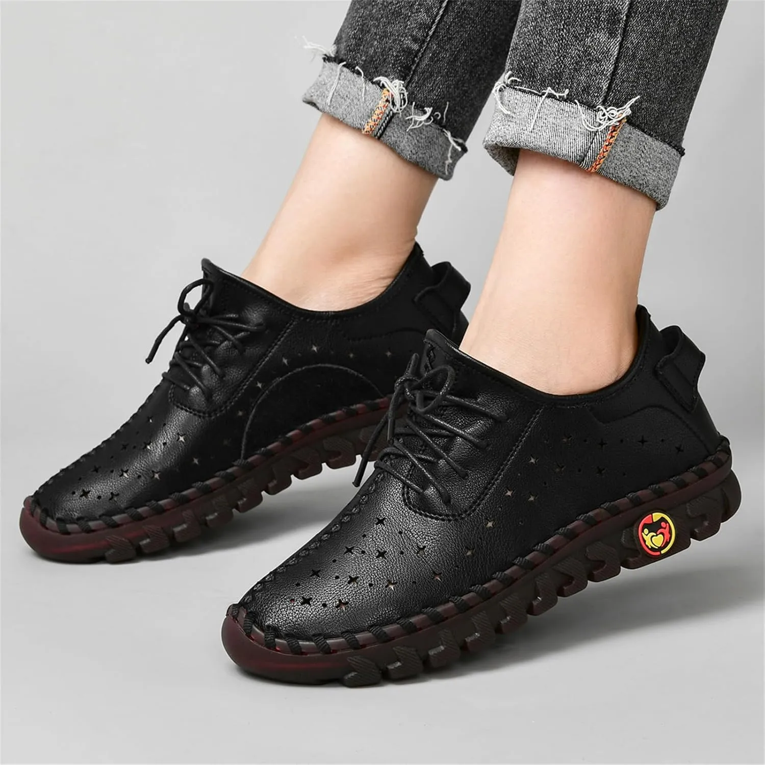 Women'S Hollow Leather Lace Up Flat Loafers,Lightweight Breathable Casual Comfort Non-Slip Walking Shoes Handmade Beef Tendon Soft Sole Mom Nurse Shoes