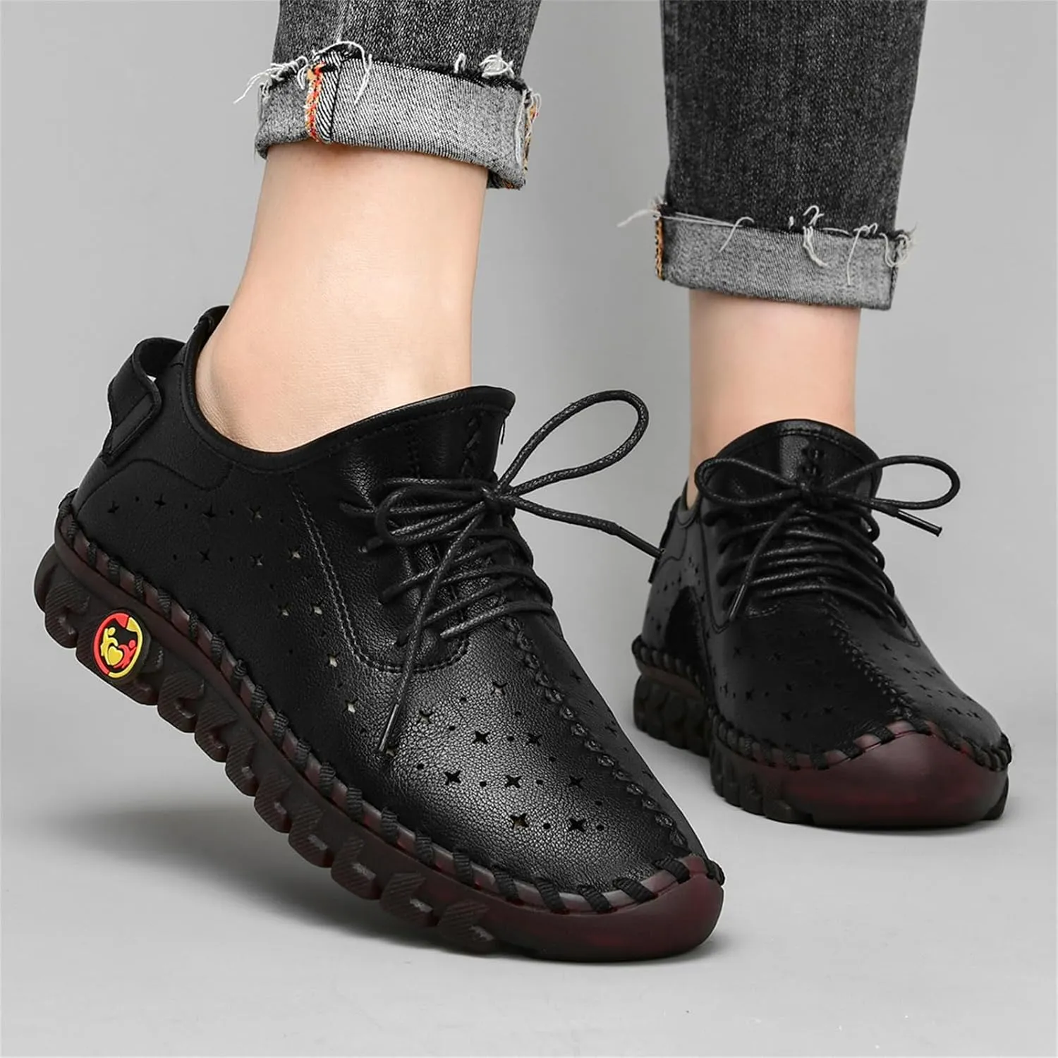 Women'S Hollow Leather Lace Up Flat Loafers,Lightweight Breathable Casual Comfort Non-Slip Walking Shoes Handmade Beef Tendon Soft Sole Mom Nurse Shoes