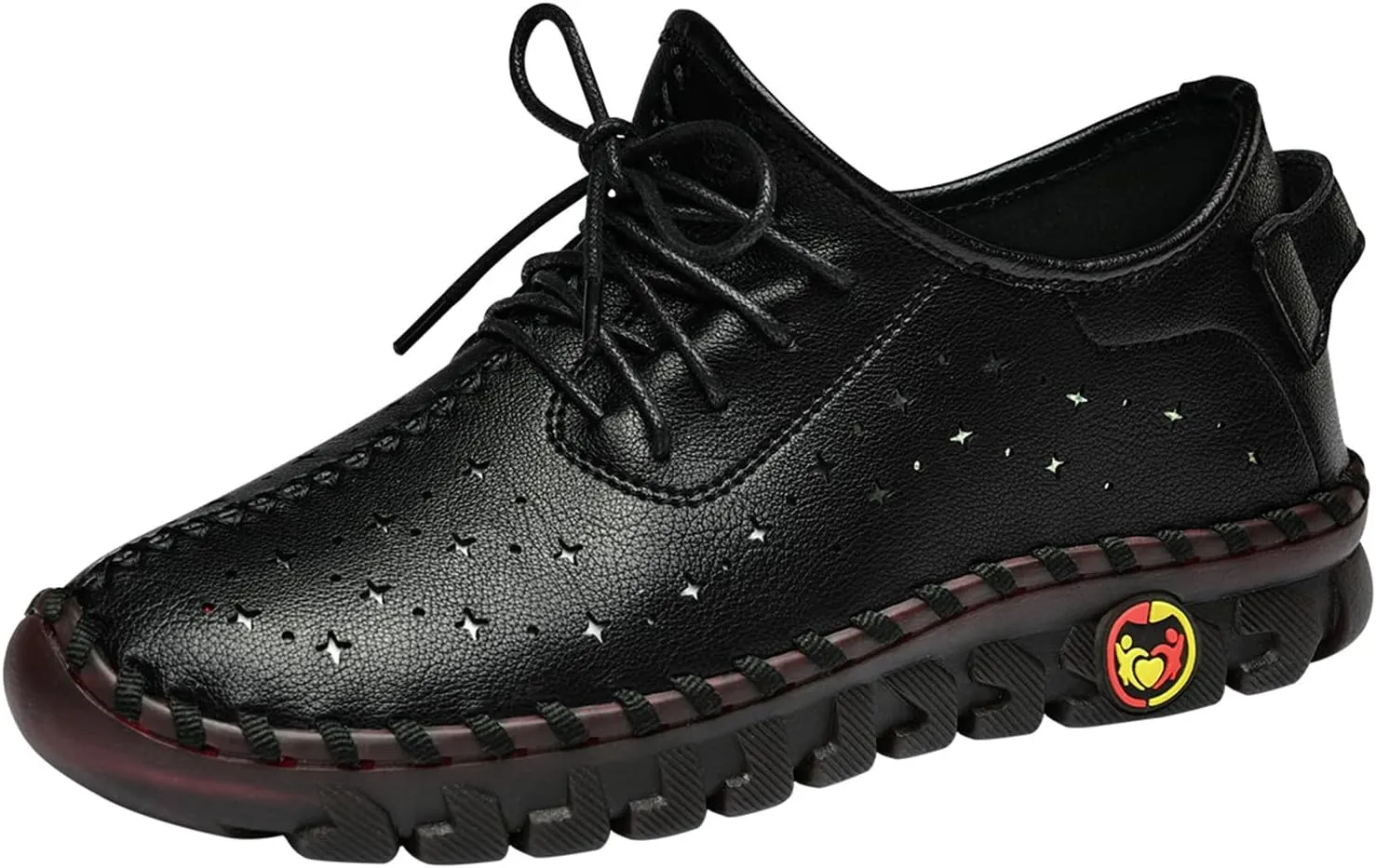 Women'S Hollow Leather Lace Up Flat Loafers,Lightweight Breathable Casual Comfort Non-Slip Walking Shoes Handmade Beef Tendon Soft Sole Mom Nurse Shoes