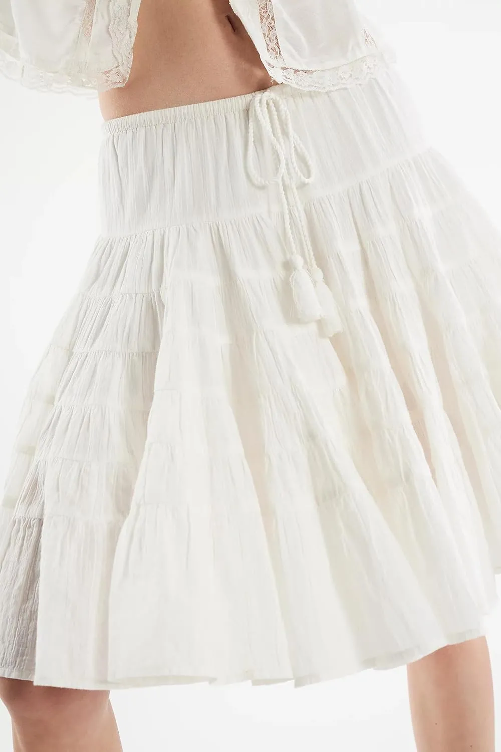 Womens Knee Length Skirts Boho Y2k Going Out Streetwear Lace Teen Girls Flowy Pleated A Line Short Layered Skirt