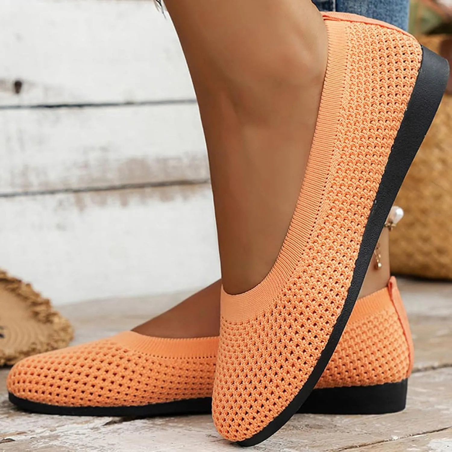 Women's Knit Ballet Flats Stretch Ballerina Shoes All-Season Transitional Footwear Round Toe Slip On Ballerina Walking Flats