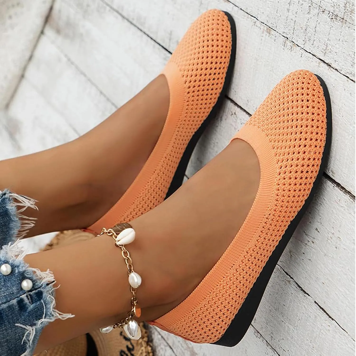 Women's Knit Ballet Flats Stretch Ballerina Shoes All-Season Transitional Footwear Round Toe Slip On Ballerina Walking Flats
