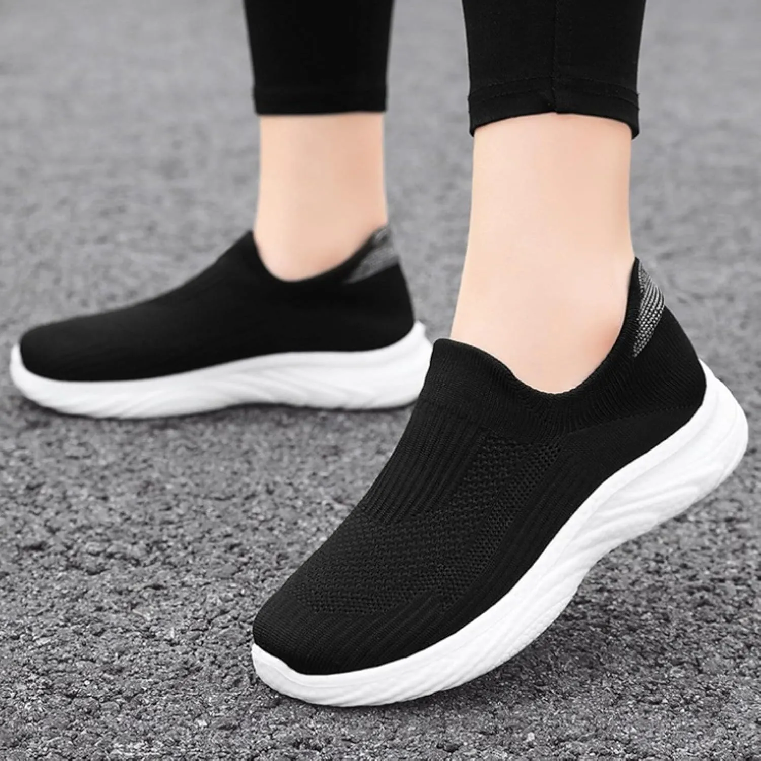Women's Knit Slip-On Athletic Shoes - Lightweight Breathable Sneakers Cushioned Comfort Sock Shoes, Slip on Walking Shoes for Running, Gym, Tennis, Workout, Travel and Casual Wear