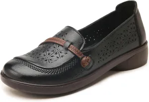 Women's Leather Cutout Flat Loafers Comfort Round Toe Slip On Softsole Walking Driving Flats Breathable Lightweight Casual Shoes