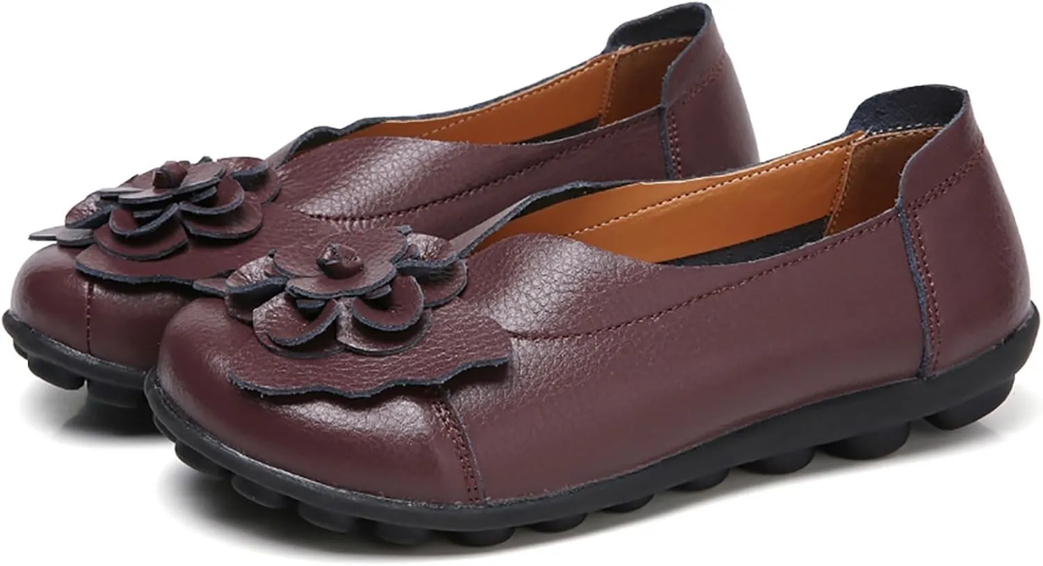 Women's Leather Flowers Loafers Lightweight Comfortable Round Toe Soft Bottom Walking Shoes Summer Casual Slip On Moccasins Driving Flats Outdoor Work Shoes
