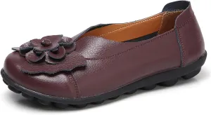 Women's Leather Flowers Loafers Lightweight Comfortable Round Toe Soft Bottom Walking Shoes Summer Casual Slip On Moccasins Driving Flats Outdoor Work Shoes