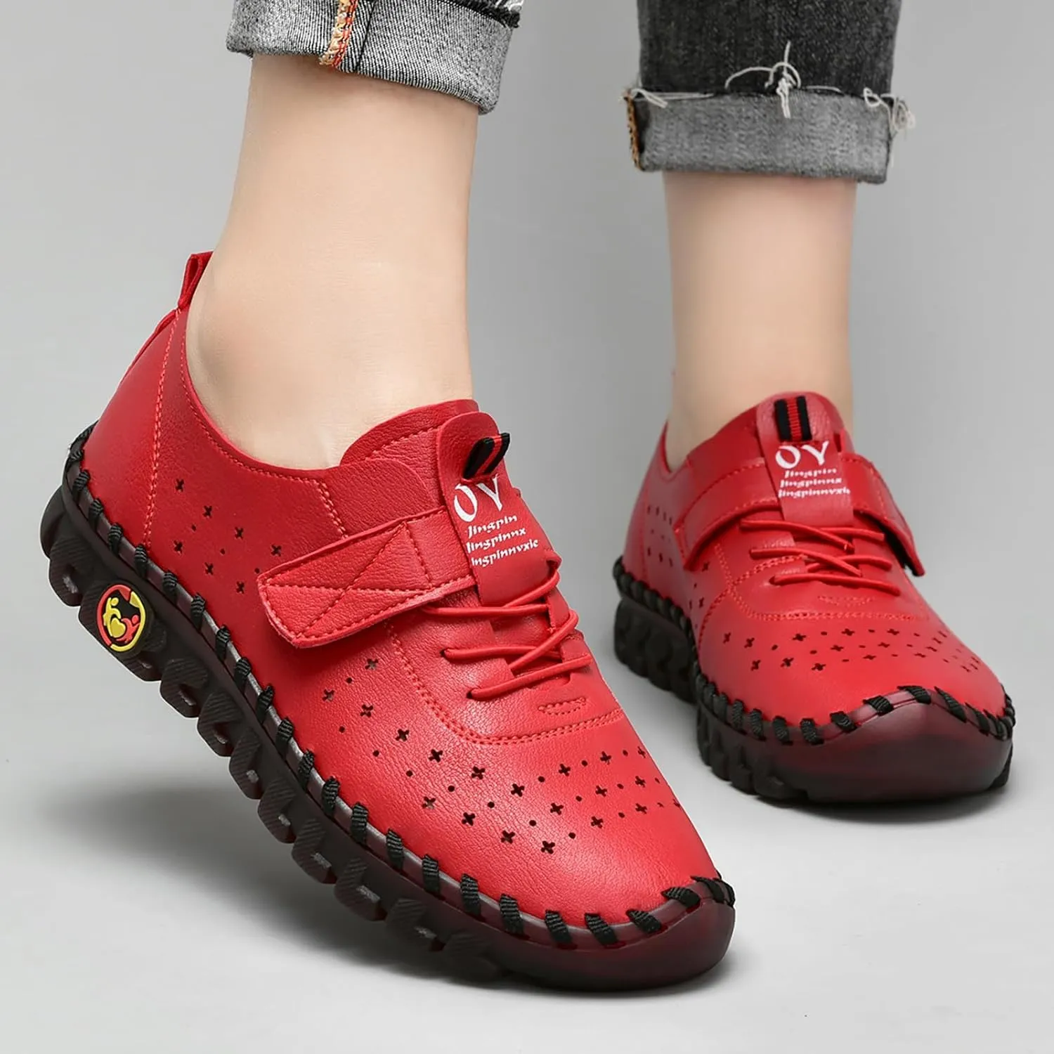 Women's Leather Hollow Soft Beef Tendon Flat Loafers Fashion Handmade Hook & Loop Comfy Slip on Breathable Round Toe Non-Slip Casual Mom Walking Shoes