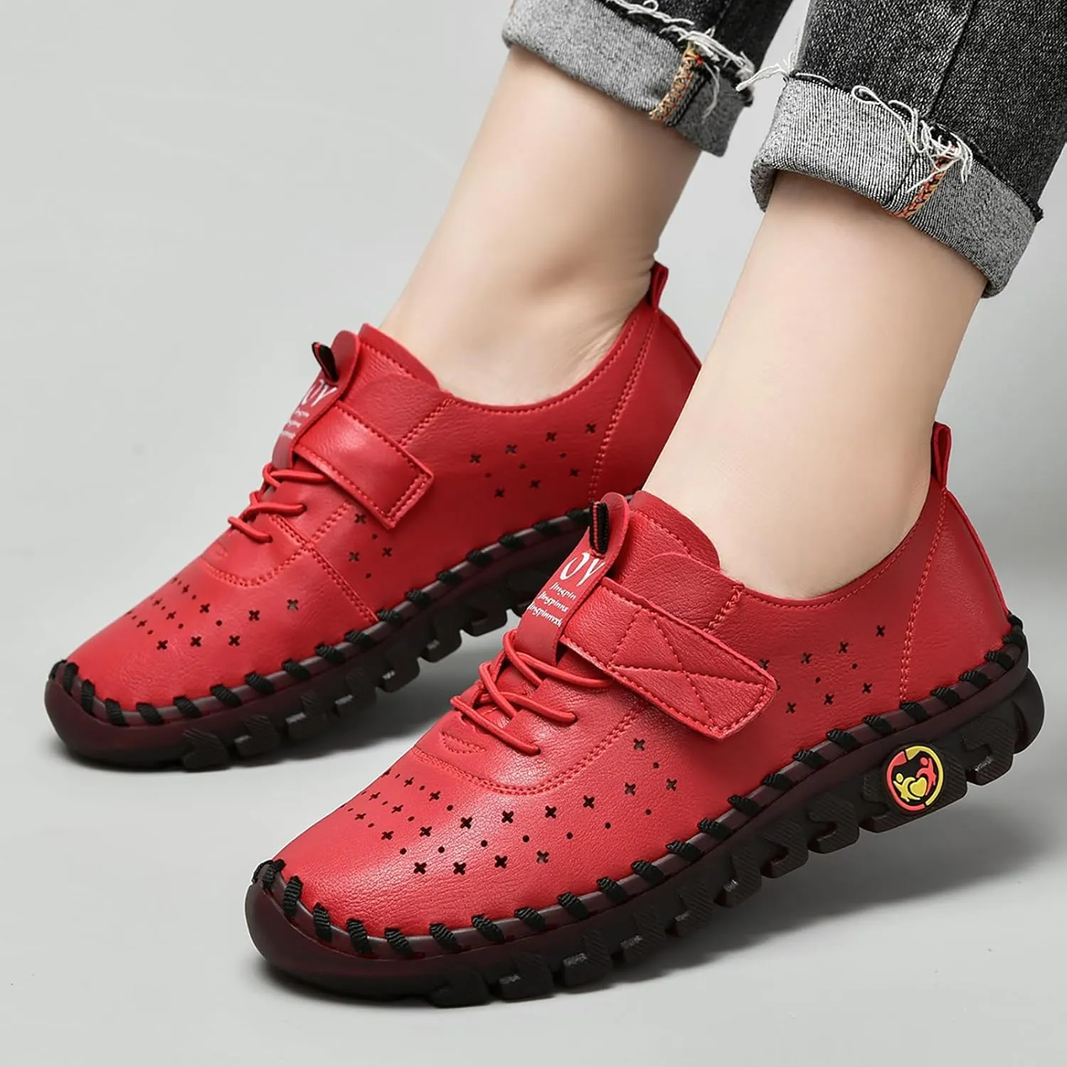 Women's Leather Hollow Soft Beef Tendon Flat Loafers Fashion Handmade Hook & Loop Comfy Slip on Breathable Round Toe Non-Slip Casual Mom Walking Shoes