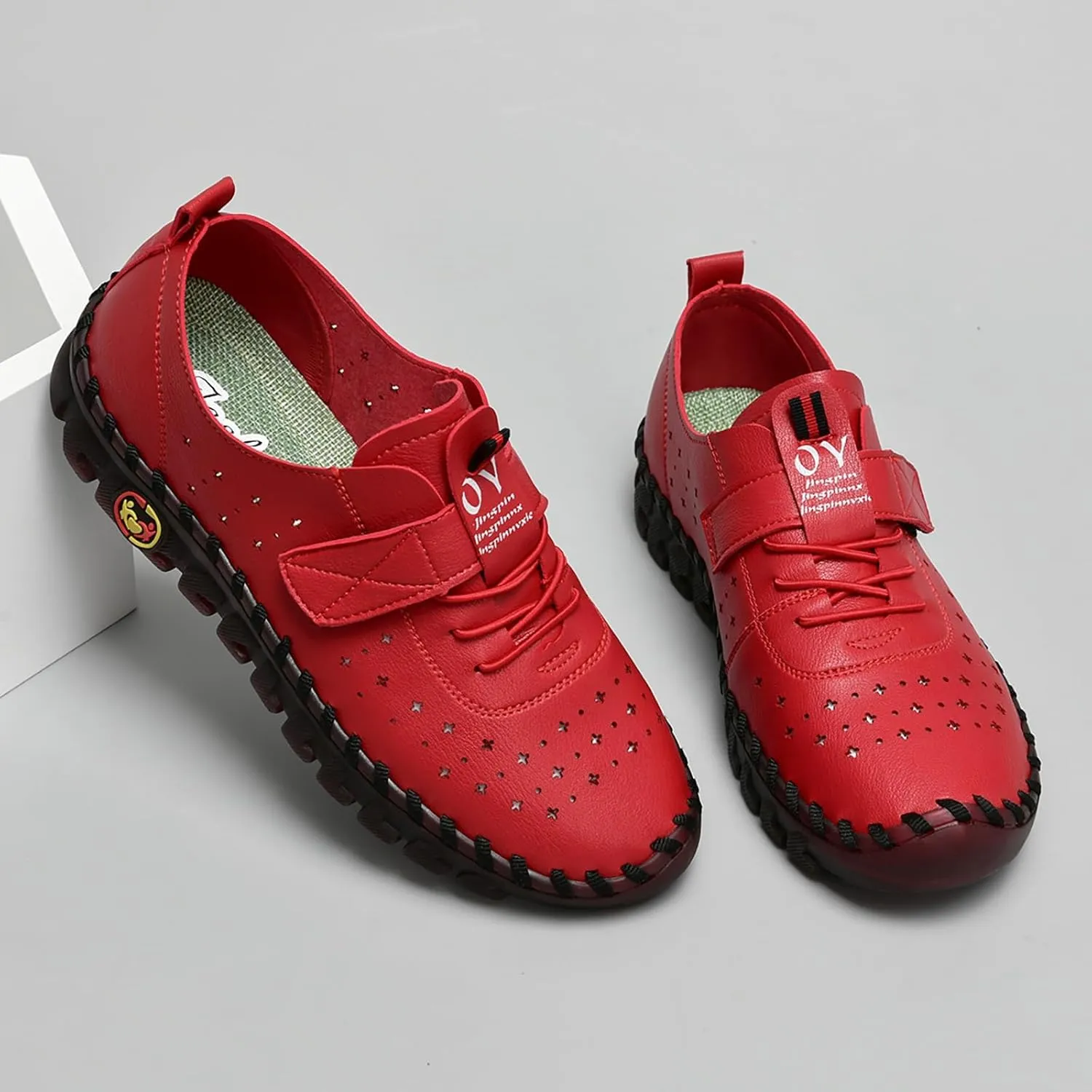 Women's Leather Hollow Soft Beef Tendon Flat Loafers Fashion Handmade Hook & Loop Comfy Slip on Breathable Round Toe Non-Slip Casual Mom Walking Shoes