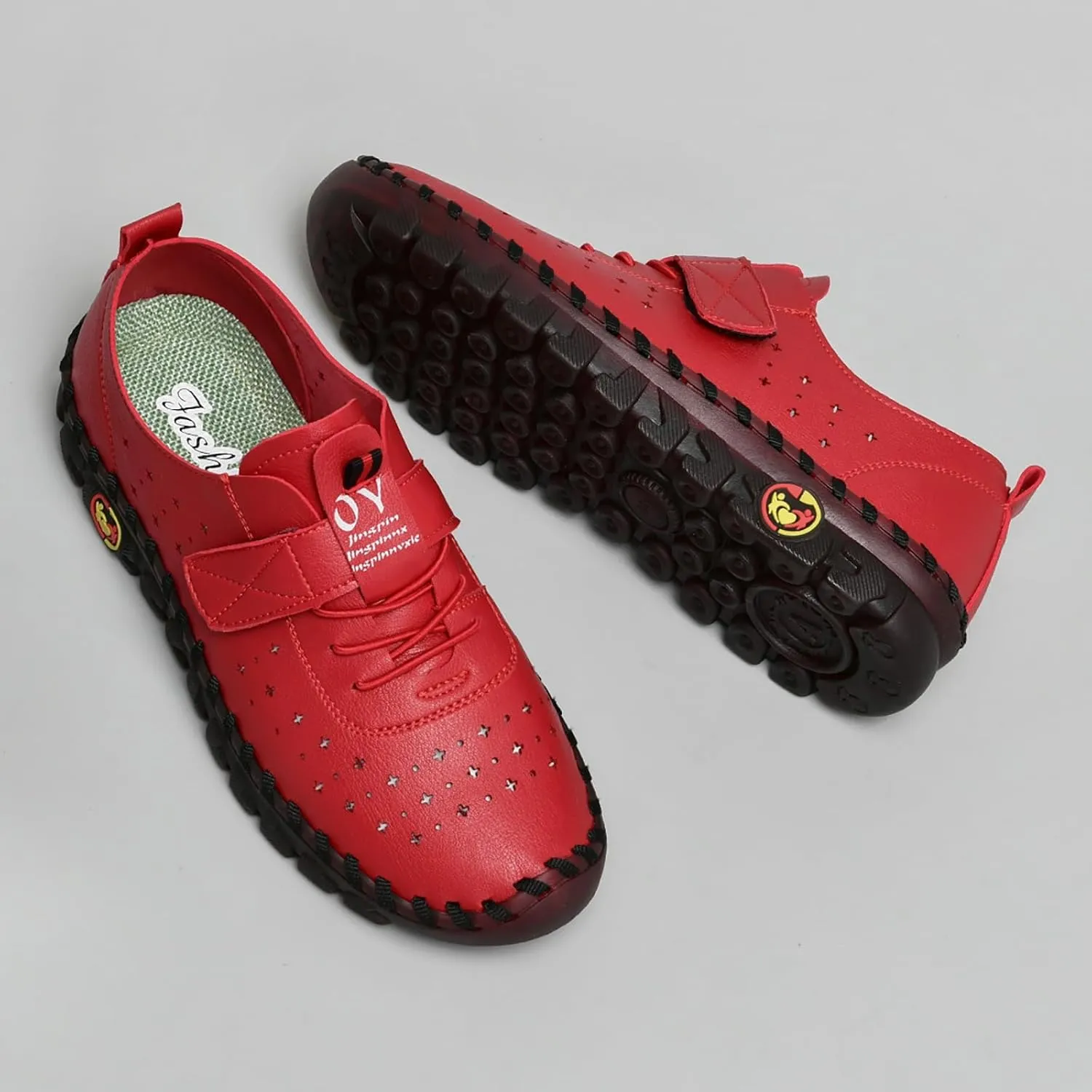 Women's Leather Hollow Soft Beef Tendon Flat Loafers Fashion Handmade Hook & Loop Comfy Slip on Breathable Round Toe Non-Slip Casual Mom Walking Shoes