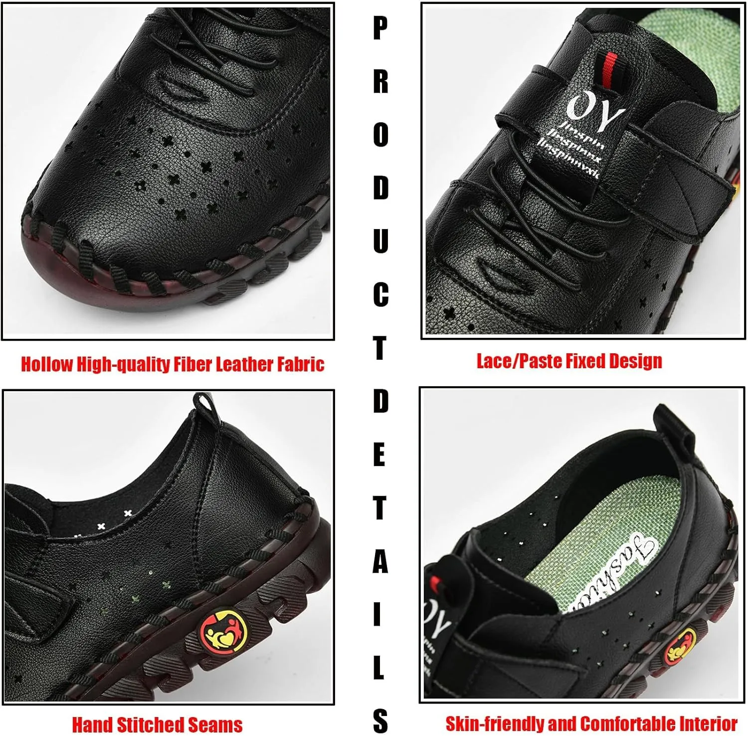Women's Leather Hollow Soft Beef Tendon Flat Loafers Fashion Handmade Hook & Loop Comfy Slip on Breathable Round Toe Non-Slip Casual Mom Walking Shoes