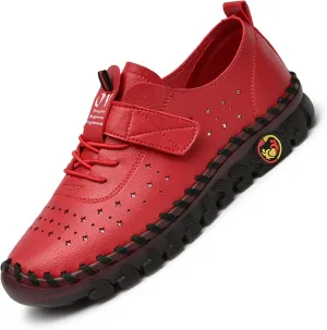 Women's Leather Hollow Soft Beef Tendon Flat Loafers Fashion Handmade Hook & Loop Comfy Slip on Breathable Round Toe Non-Slip Casual Mom Walking Shoes