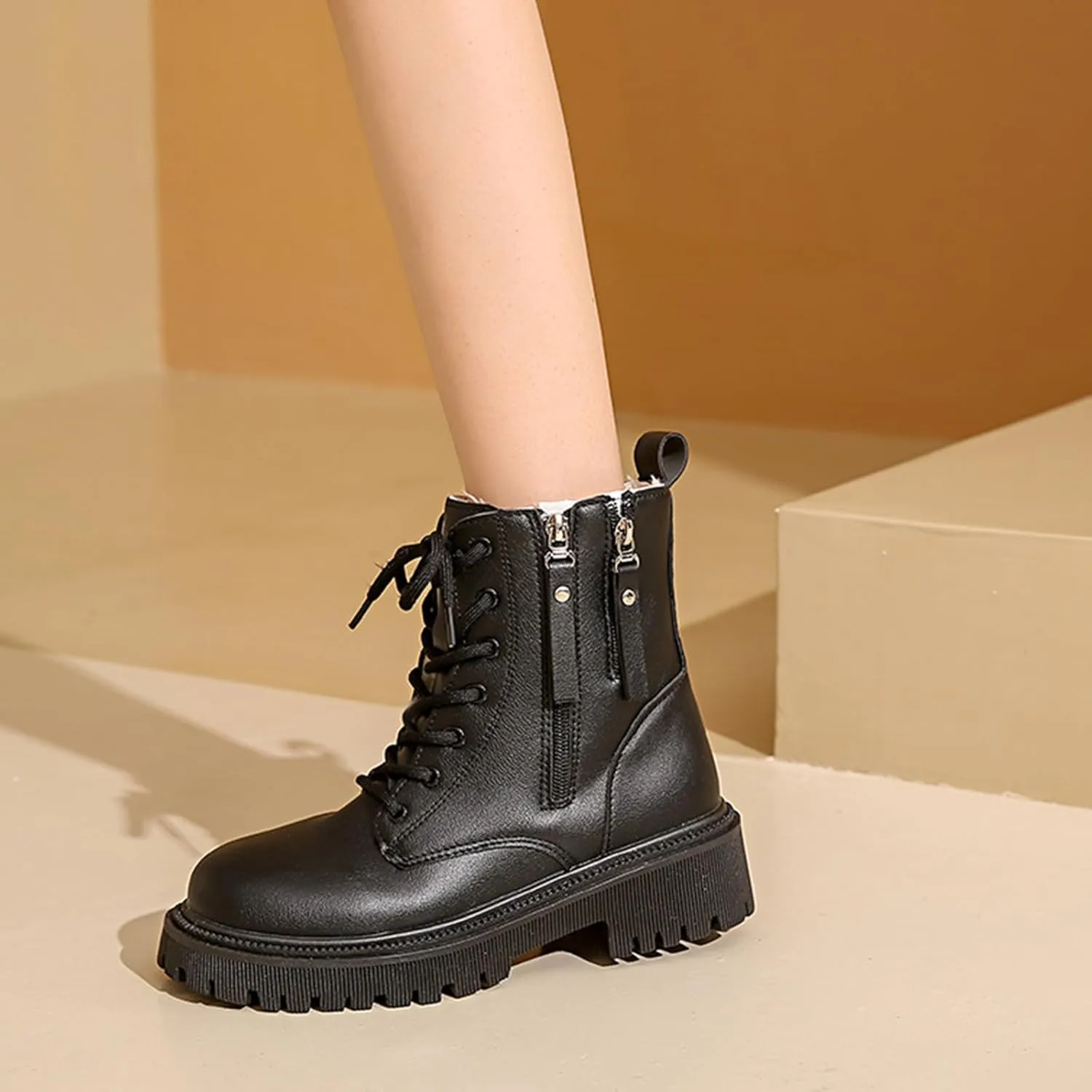 Women's Leather Lace Up Combat Platform Ankle Boots with Double Side Zipper Classic Round Toe Chunky heel Lug Sole Non-Slip Mid Calf Booties