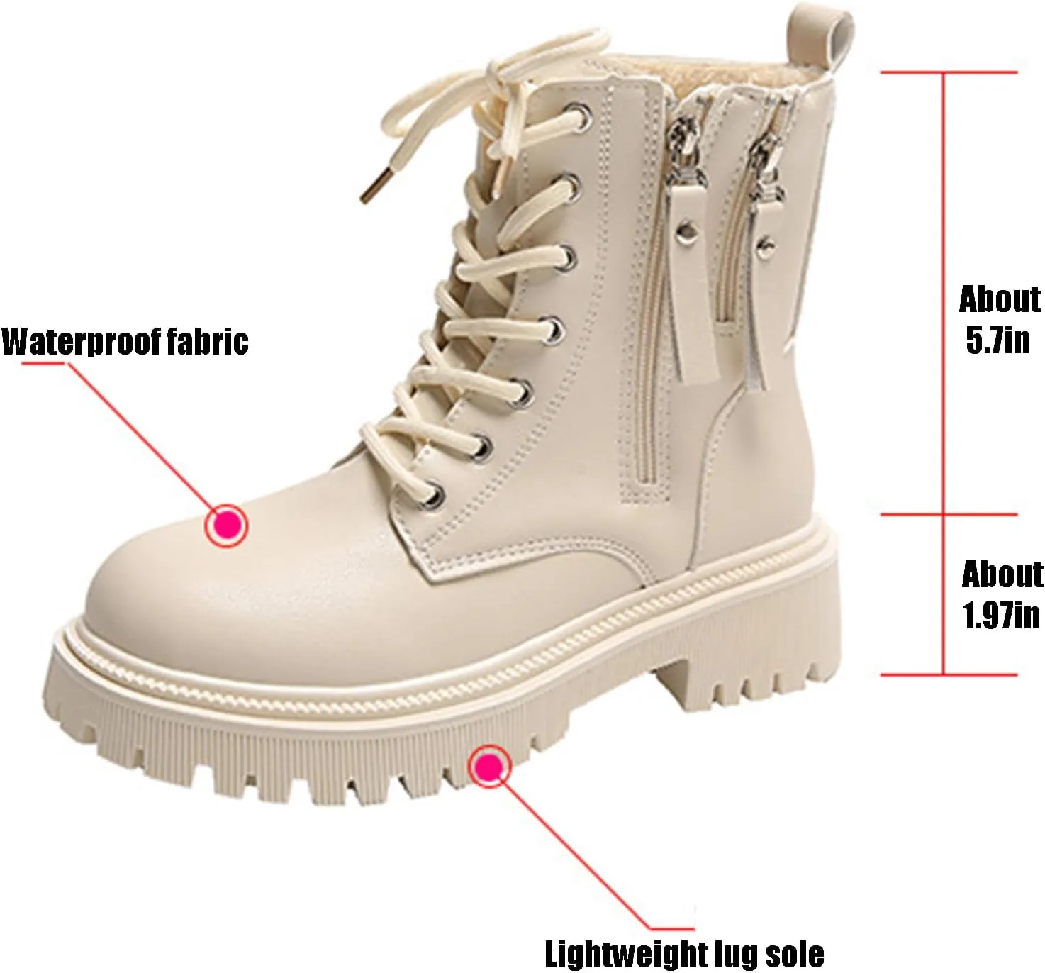 Women's Leather Lace Up Combat Platform Ankle Boots with Double Side Zipper Classic Round Toe Chunky heel Lug Sole Non-Slip Mid Calf Booties