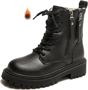 Women's Leather Lace Up Combat Platform Ankle Boots with Double Side Zipper Classic Round Toe Chunky heel Lug Sole Non-Slip Mid Calf Booties