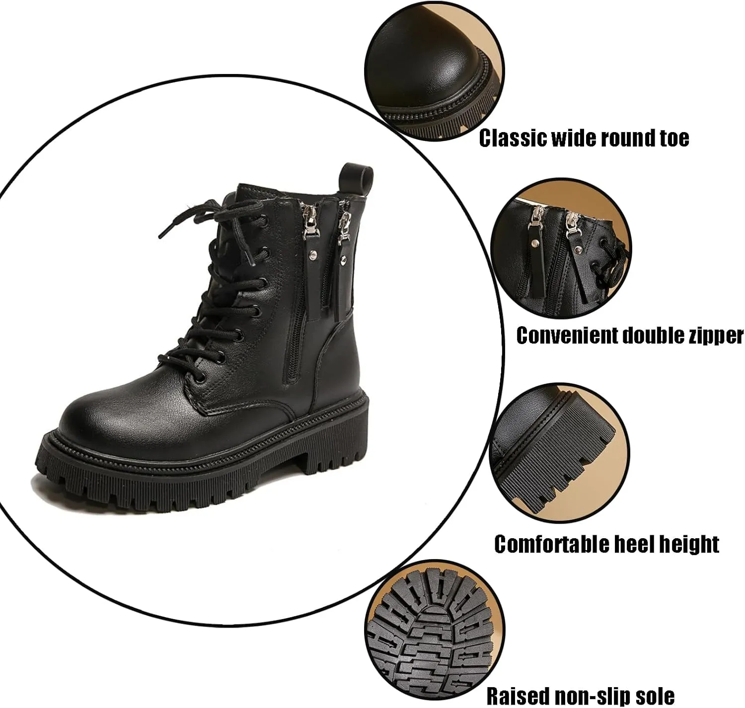 Women's Leather Lace Up Combat Platform Ankle Boots with Double Side Zipper Classic Round Toe Chunky heel Lug Sole Non-Slip Mid Calf Booties