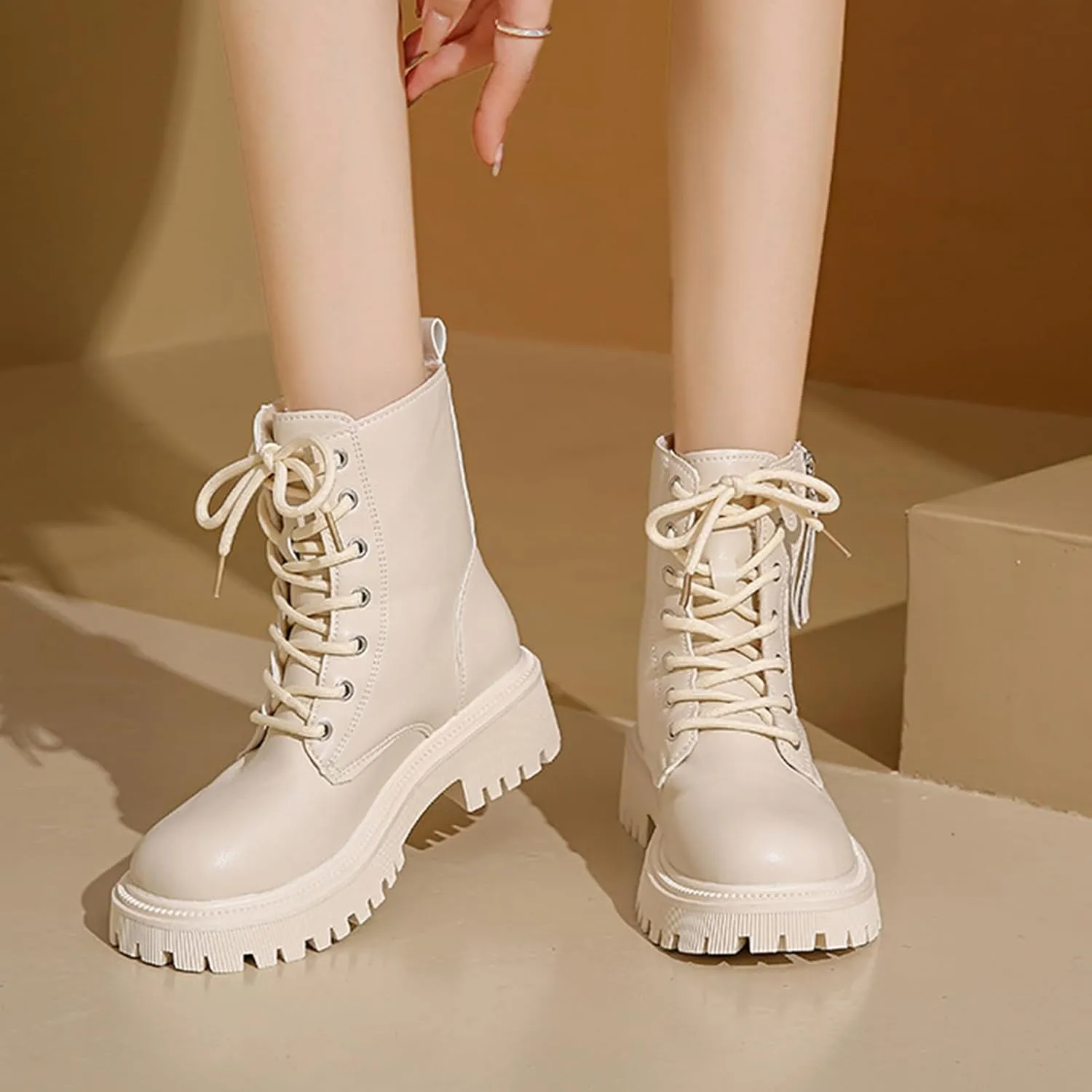 Women's Leather Lace Up Combat Platform Ankle Boots with Double Side Zipper Classic Round Toe Chunky heel Lug Sole Non-Slip Mid Calf Booties