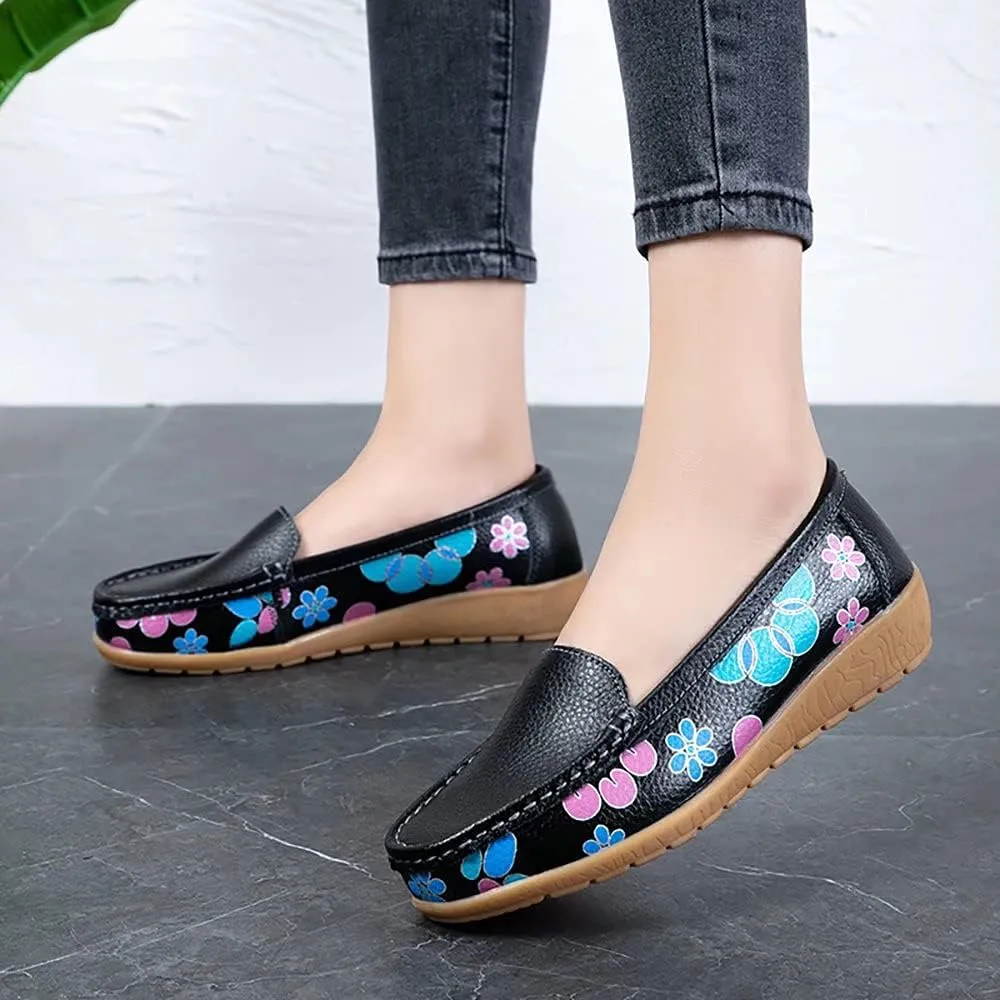 Women's Leather Loafers Driving Moccasins Casual Slip-On Boat Shoes Comfort Walking Flat Loafer for Women Wide Width