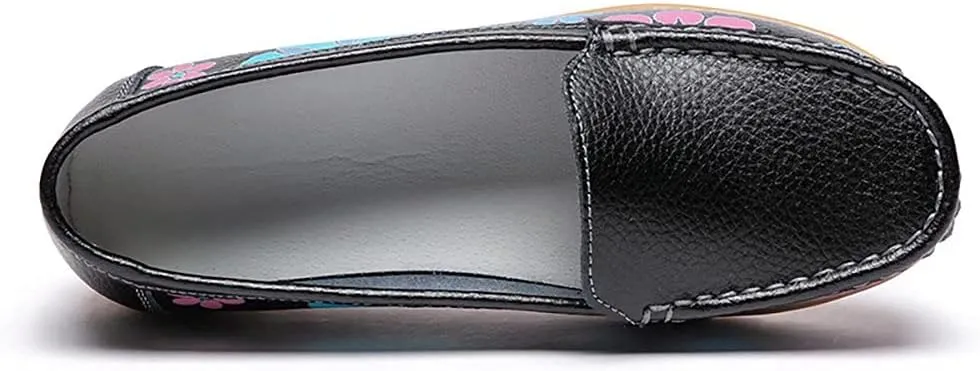 Women's Leather Loafers Driving Moccasins Casual Slip-On Boat Shoes Comfort Walking Flat Loafer for Women Wide Width
