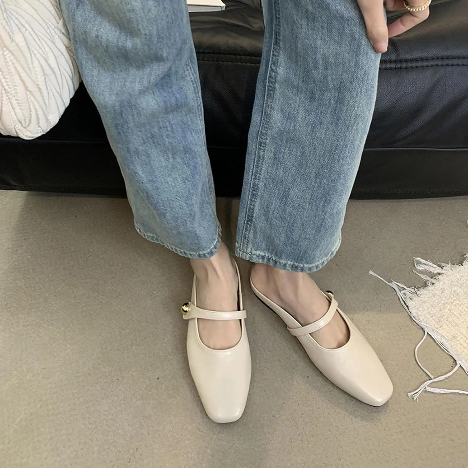 Women's Leather Pearl Closed Toe Mary Jane Flat Mules Fashion Square Toe Soft Sole Comfortable Slip on Backless Flats Casual Office Dressy Sandals Walking Shoes Mules