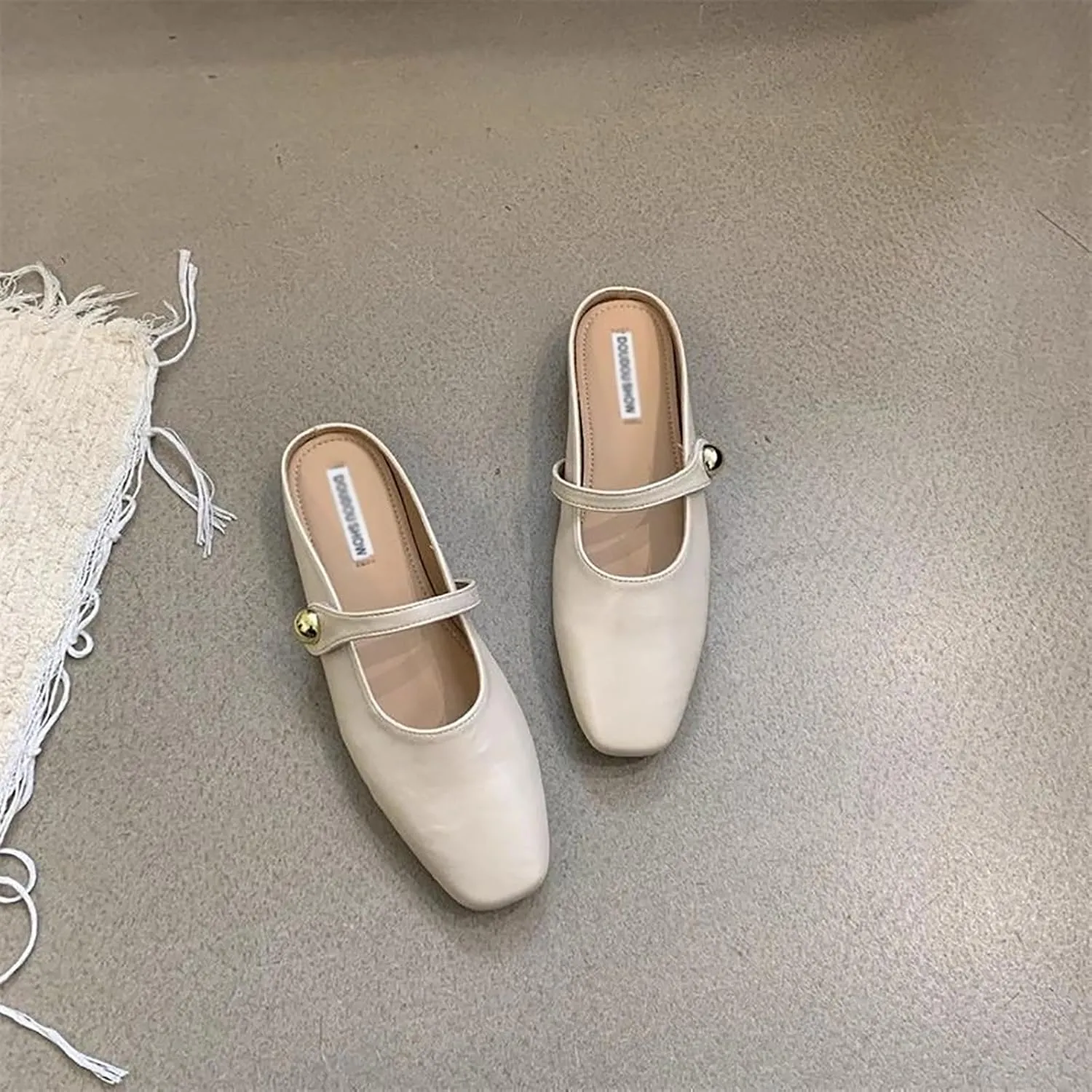Women's Leather Pearl Closed Toe Mary Jane Flat Mules Fashion Square Toe Soft Sole Comfortable Slip on Backless Flats Casual Office Dressy Sandals Walking Shoes Mules