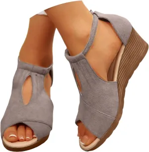 Women's Leather Platform Wedge Orthopedic Sandals 2025 Open Toe Fish Mouth Hollow Classic Chunky Heeled Platform Sandals Summer Casual Thick Sole Walking Wedge Sandals